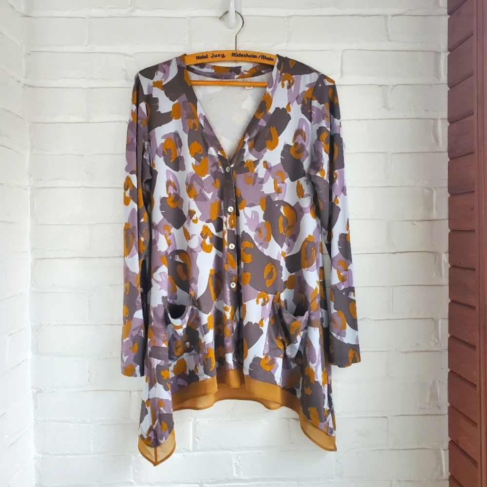 LOGO Lori Goldstein Button Front Cardigan Asymmetrical Pattern Size XS